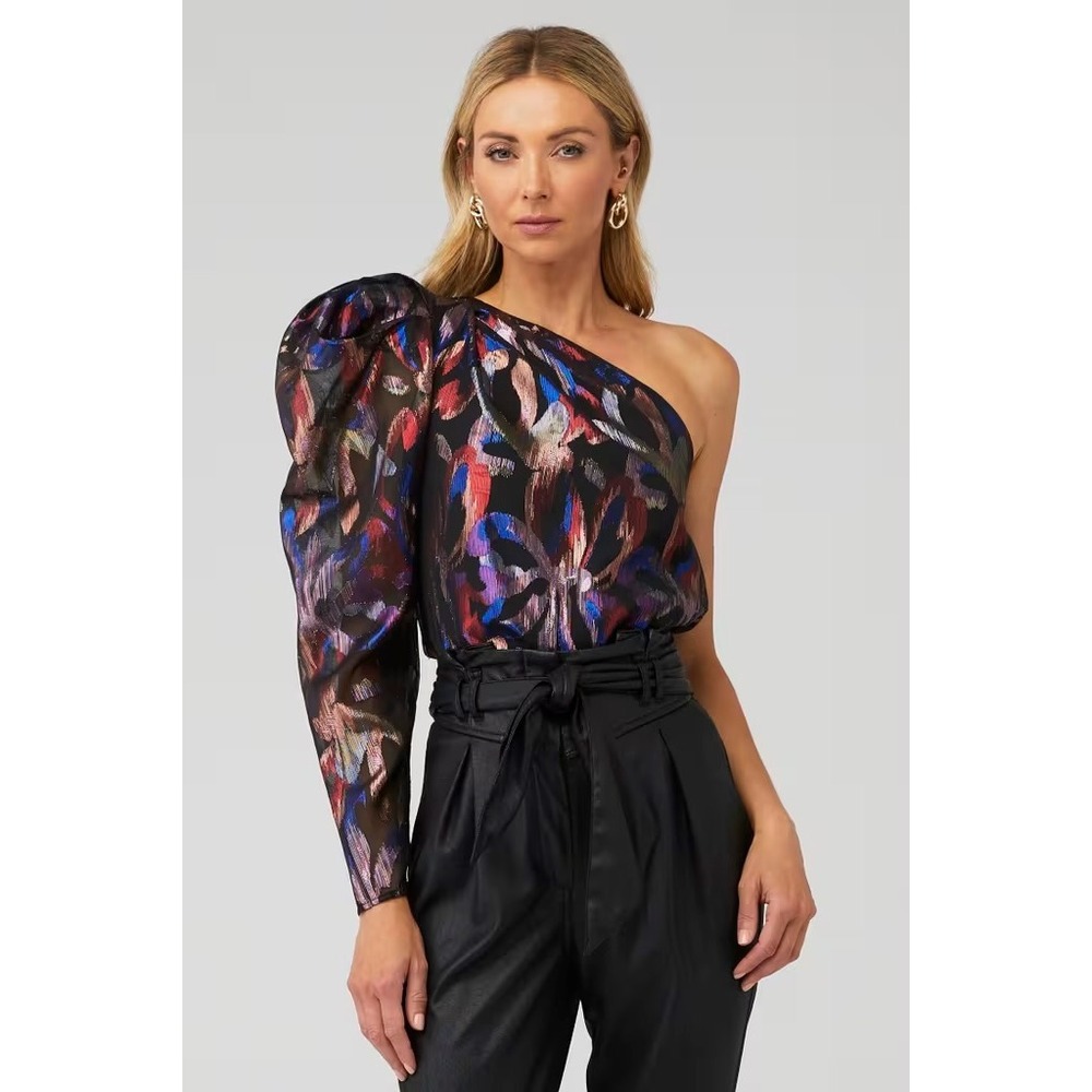 Sabina Musayev Shimmer One Shoulder Metallic Jacquard Puff Sleeve Blouse XS